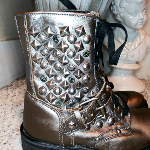 ASH Ryhanna Silver & Rhinestone Studded Distressed Pewter Leather Combat Boots - Picture 2 of 11